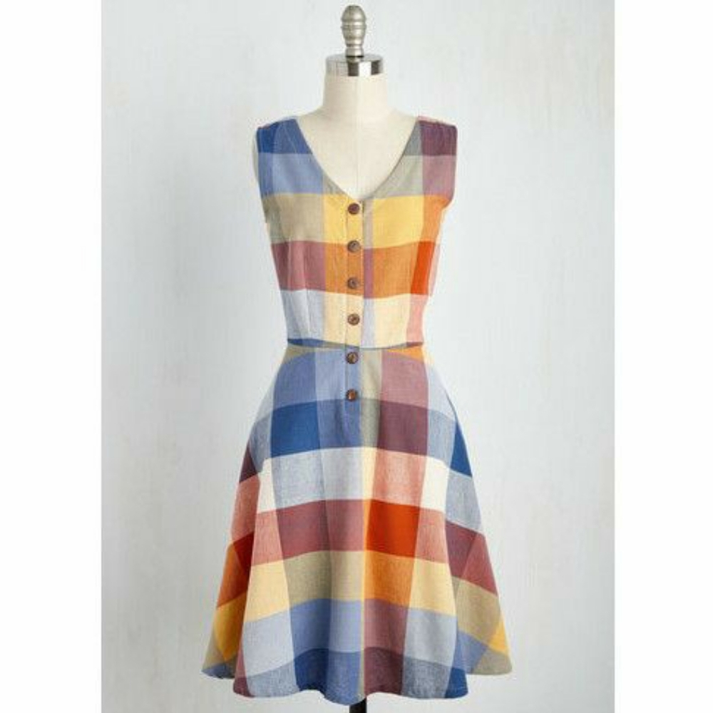 Mata Traders Sunset Plaid Sleeveless V-Neck Dress Size Small